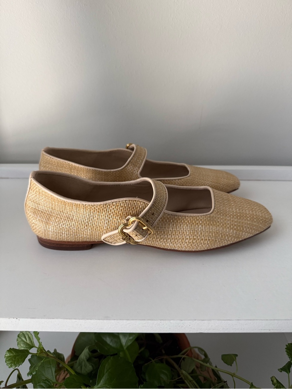Sam Edelman Michaela Beige Mary Jane Flats with Gold Buckle - Picture 2 of 8